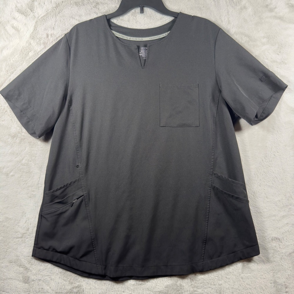 ClimateRight by Cuddl‎ Duds Black Scrub Top XL Split Neck Short Sleeve Pocket